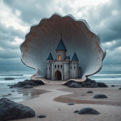 The primary subject of the image is a large, open clam shell, which is positioned in front of a castle-like structure. The setting is a beach, with the ocean visible in the background. The visual style of the image is a combination of photo and digital art, creating a unique and intriguing scene. The dominant colors in the image are shades of blue, which are associated with the ocean and the sky, and the clam shell itself is white. The overall atmosphere of the image is surreal and whimsical